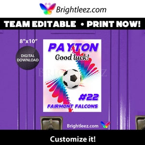Personalized Soccer Poster, Locker Sign and Hotel Door Sign with Colorful Action Background - Instant Download LK-SO142