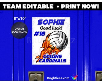 Personalized Volleyball Poster, Locker Sign and Hotel Door Sign in Grunge Fire Style Instant Download LK-VB111
