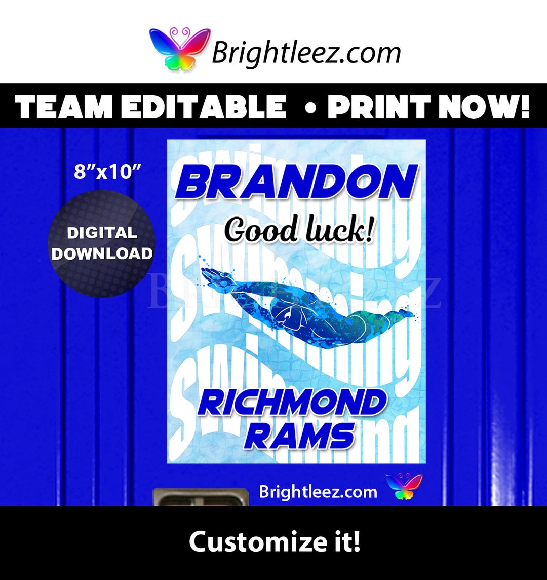 Personalized Swim Team Poster, Locker Sign and Hotel Door Sign for Boys in Watercolor Grunge ...