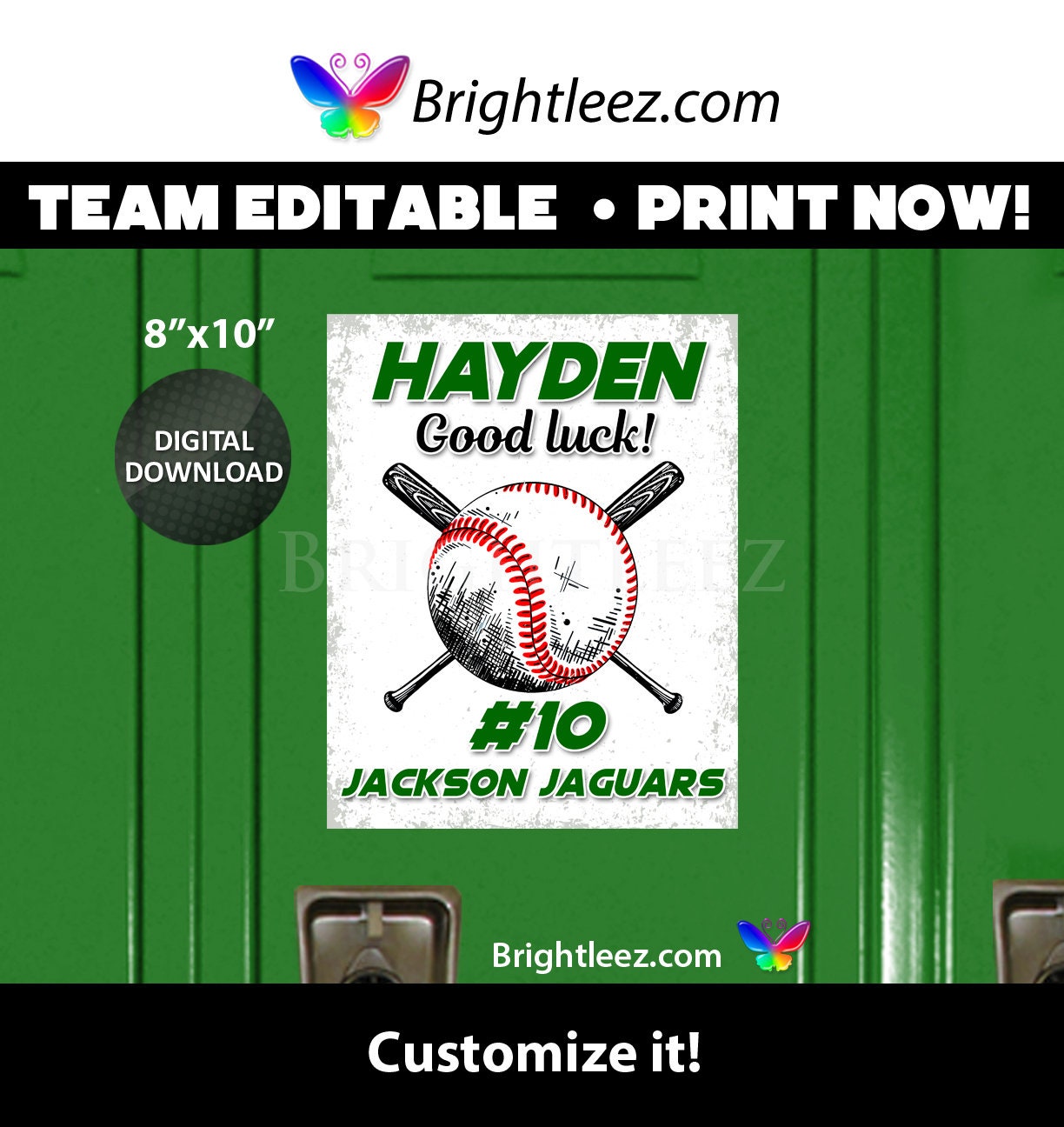 Personalized Baseball Locker Sign and Hotel Door Sign in Grunge Style - Instant Download LK-BB48