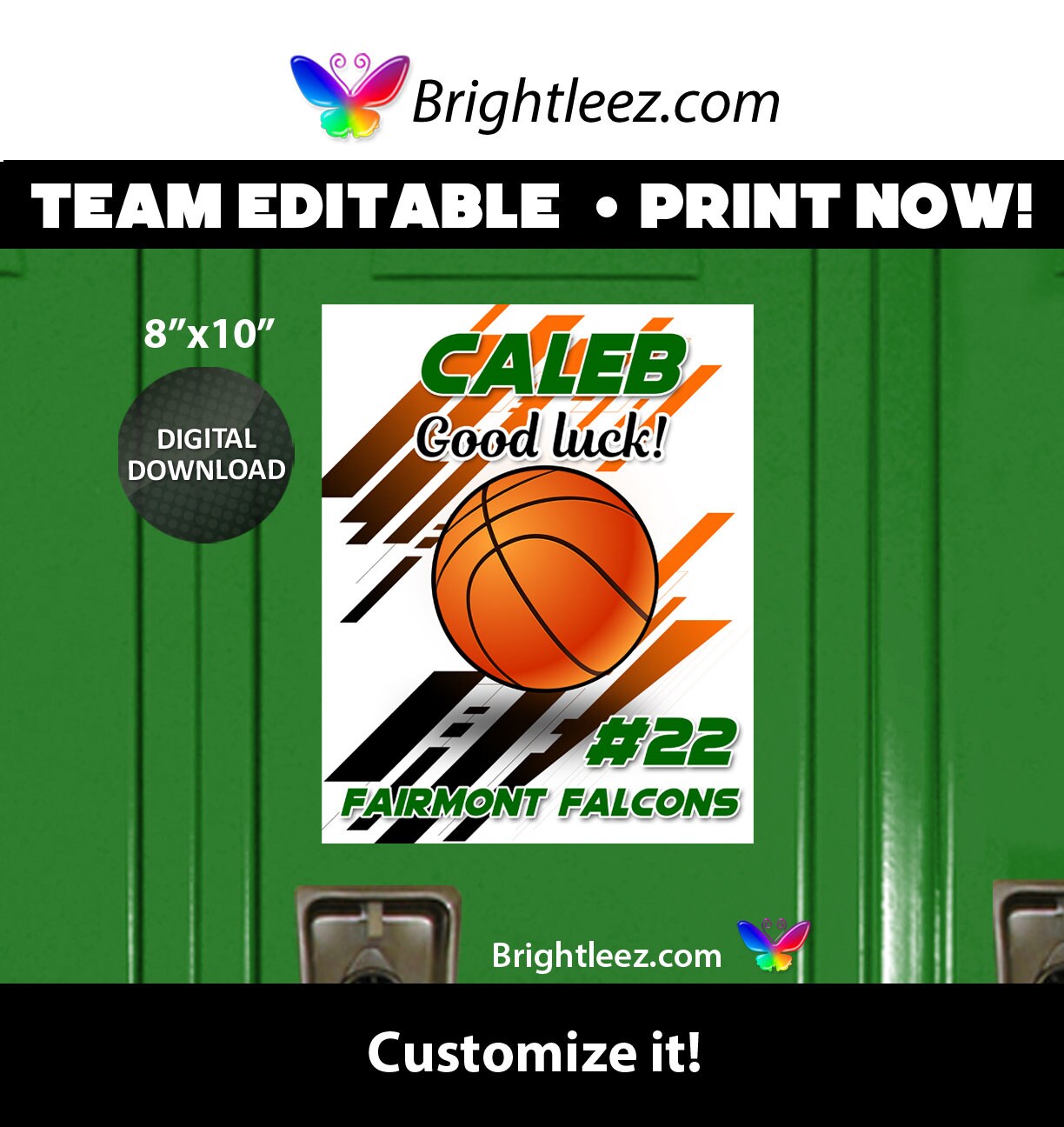 Personalized Basketball Locker Sign and Hotel Door Sign with Gradient Action Background - Instant Download LK-BK197