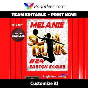 Personalized Girls Basketball Poster, Locker Sign and Hotel Door Sign with Slam Dunk in Grunge Style - Instant Download LK-BK352