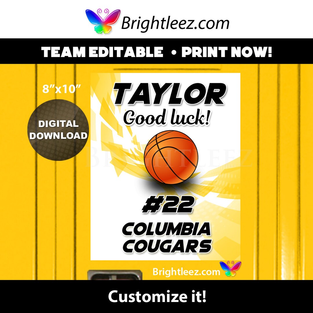 Personalized Gold Basketball Poster, Locker Sign and Hotel Door Sign With Gold Action Wave Style