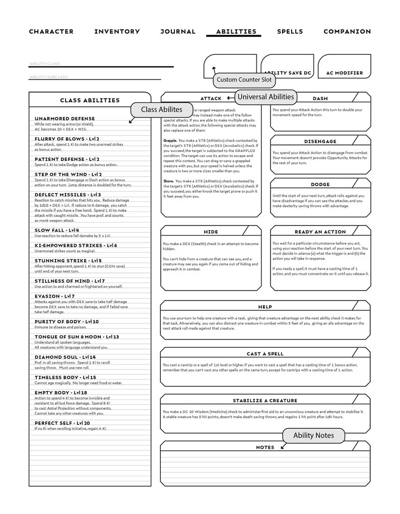 MONK SPECIFIC D D Character Sheet Etsy