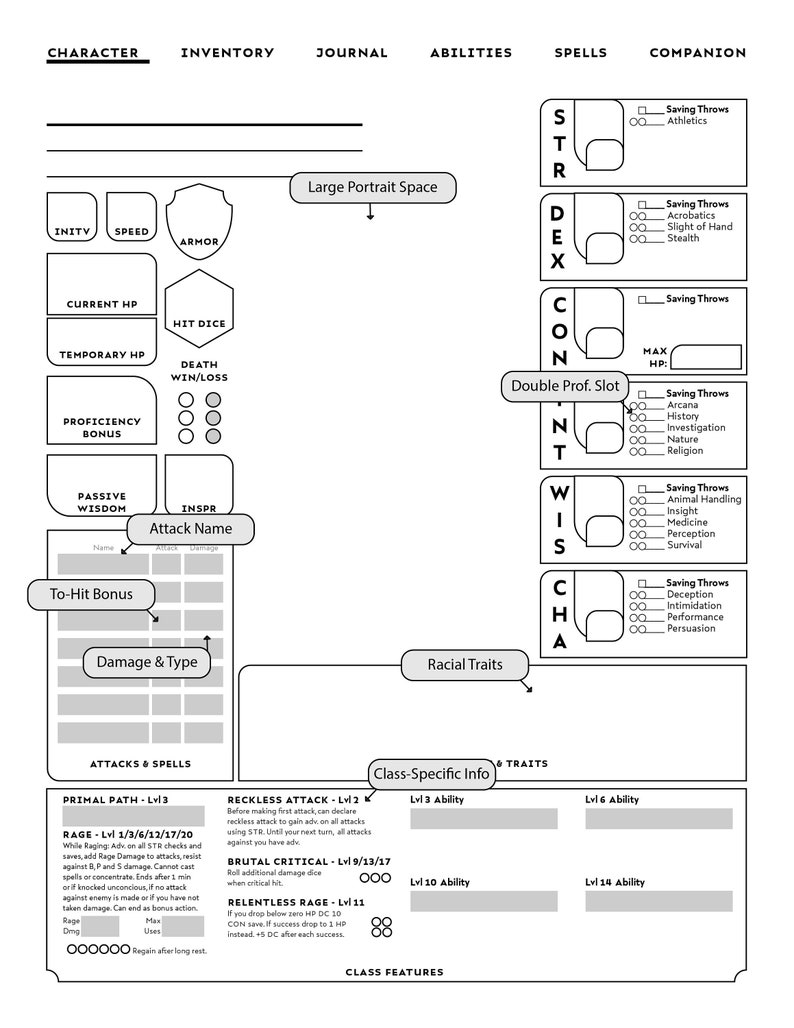 Form-Fillable BARBARIAN-SPECIFIC D&amp;D Character Sheet // | Etsy