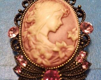 Victorian-Style Brooch Pendant Pink Cameo w/ Sparkly Pink Stones Filigree Frame