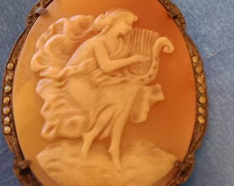 Cameo Brooch Italian Muse and Harp with silver frame