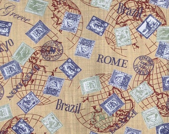 International Destinations Fabric: Globes, Postage, Travel, Rome, Brazil, Tokyo, Greece, London, Egypt, 100% Lightweight Cotton