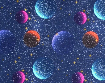Last Yard! Moonlit Planets Cotton Fabric: Galaxy Night Sky Print, Celestial, 100% Lightweight Cotton