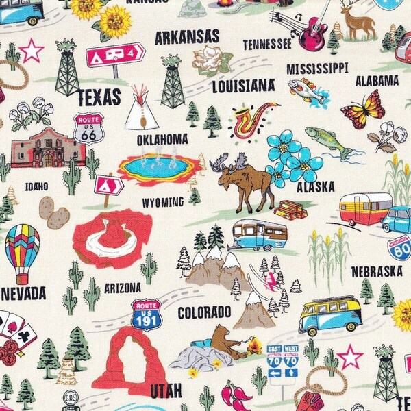 States & Landmarks Fabric - America - Vacation Emblems - Icons - Retro Style - Travel Fabric - 100% Lightweight Cotton