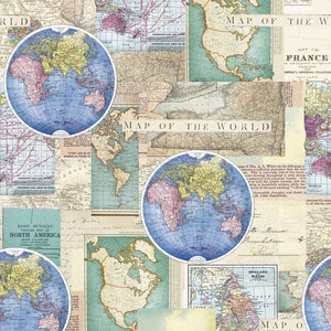Maps, World & Globes Fabric - Postcards -Europe - North America - Vintage Look - Map Fabric - 100% Lightweight Cotton - PRE CUT