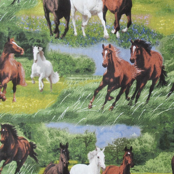 Horses in a Meadow Fabric - Riding - Ranching - Cowboys - Thoroughbreds - Western Fabric - 100% Lightweight Cotton