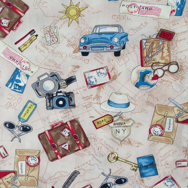 Travel Gear on Tan Map Fabric - Compasses - Maps - Binoculars - Cameras - Luggage - Retro Look Travel Fabric - 100% Lightweight Cotton