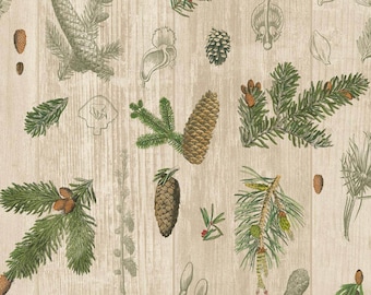 Pine Cones & Greens Fabric - Wilderness - Forest - Nature - Trees - Acorns - Barnwood - Outdoors - 100% Lightweight Cotton