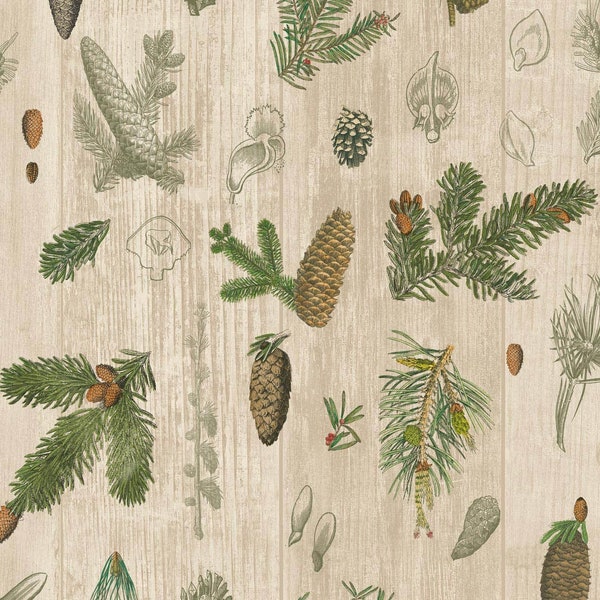 Pine Cones & Greens Fabric - Wilderness - Forest - Nature - Trees - Acorns - Barnwood - Outdoors - 100% Lightweight Cotton