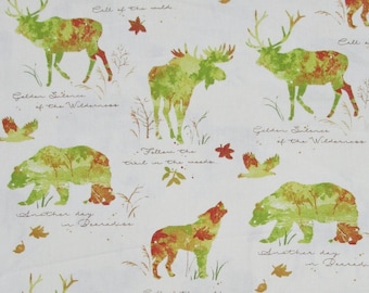 Painted Wildlife Fabric: Outdoor Quotes, Wilderness, Mountains, Wildlife, Bears, Wolves, 100% Cotton Light Canvas