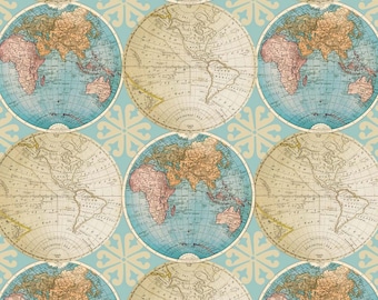 Ocean Aqua Globes Fabric: World, Continents, Maps, 100% Lightweight Cotton, PRE CUT