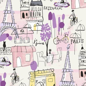 Retro Scenes of Paris Fabric - French Cafes - Eiffel Tower - Arc du Triomphe - Parisian - France Fabric - 100% Lightweight Cotton