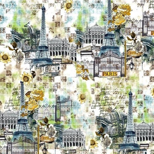 High Style Paris Fabric: Eiffel Tower, Gardens, Art Nouveau, 100% Lightweight Cotton