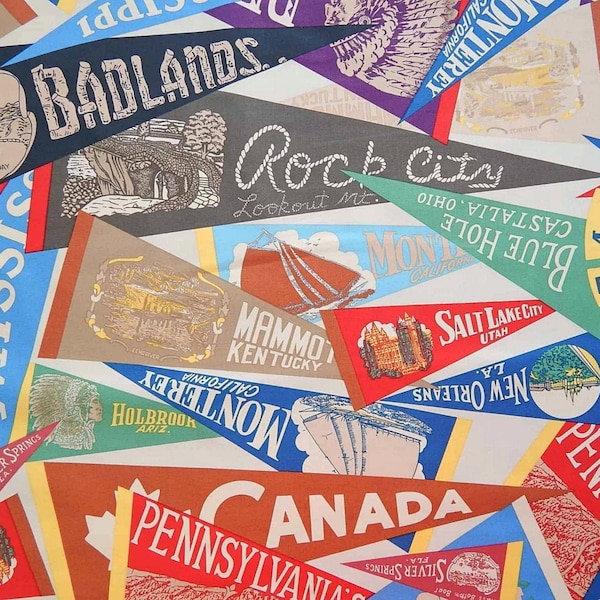 30 OFF! - WIDE America Travel Pennants Fabric - by Moda - USA - Canada - Tourist Sites - Road Trip - 100% Lightweight Cotton - 54 In Wide
