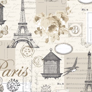 Tissu élégant Paris et lettres - Tour Eiffel - Musique - Fleurs - Oiseaux - Cachets de la poste - Tissu français - 100 % coton léger - PRÉDÉCOUPÉ