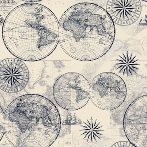 Globes and Compasses Fabric - World - Continents - Oceans - Ships - Vintage Look - Map Fabric - 100% Lightweight Cotton - PRE CUT