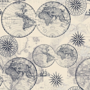 Globes and Compasses Fabric - World - Continents - Oceans - Ships - Vintage Look - Map Fabric - 100% Lightweight Cotton