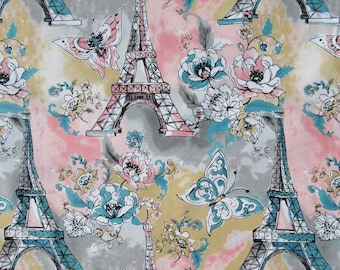 REMNANT, 23 inches - Paris Eiffel Tower Fabric:  Floral, Butterfly, France, 100% Cotton Canvas
