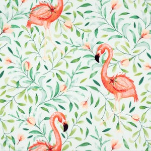 May include: A fabric pattern featuring watercolor illustrations of pink flamingos interspersed with green leafy vines and small peach-colored flower buds on a white background. The flamingos are depicted in various poses among the foliage.