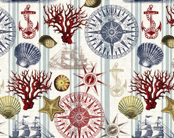 Nautical Compass Fabric: Sailing Ships, Anchors, Seashells, Compass, 100% Lightweight Cotton, PRE CUT