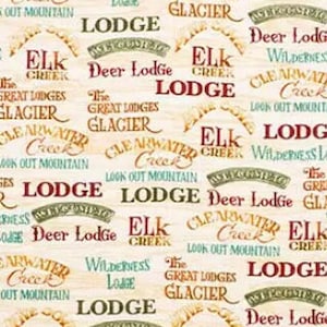 Wilderness Lodge Fabric - Deer - Elk - Cabin - Mountains - Hiking - Nature - Rustic - Glacier - Outdoor Phrases - 100% Lightweight Cotton