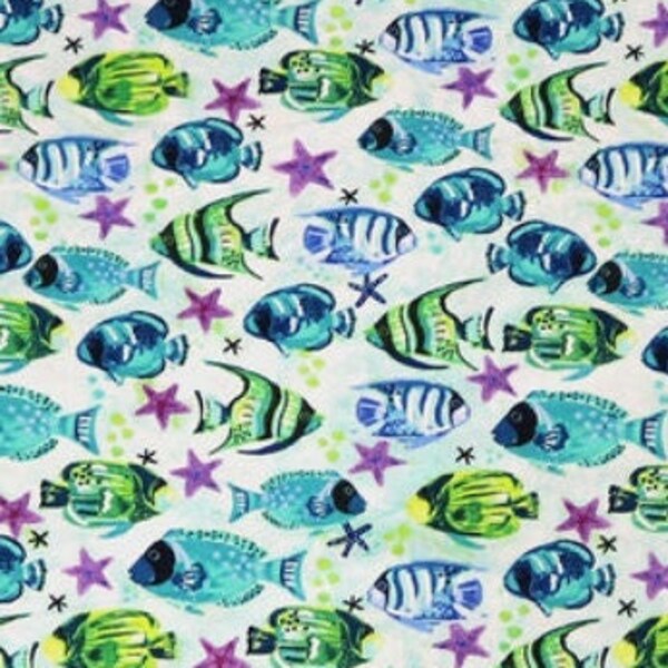 30 OFF! - Vibrant Tropical Fish Flannel Fabric - Underwater - Ocean Life - Starfish - Tropics - Caribbean - Hawaii - 100% Cotton FLANNEL