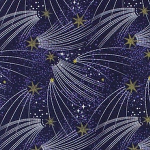 Last Yard or 67 inches - Brilliant Shooting Stars Fabric - Midnight Sky - Galaxy - Gold Starbursts - Deep Blue - 100% Lightweight Cotton