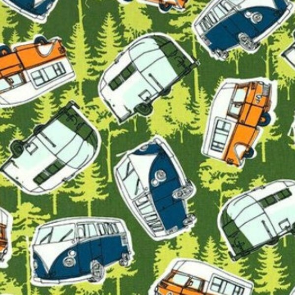 REMNANT, Campers & Forest Fabric - Vacation - Camping - Airstream - Volkswagen - Outdoors - Road Trip - 100% Lightweight Cotton