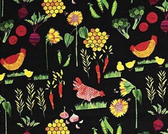 Chickens in the Garden Fabric: Country, Sunflowers, Vegetables, Chicks, Honeycombs, 100% Lightweight Cotton