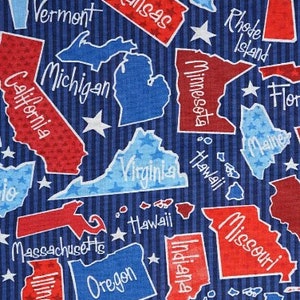 Last Yard! American States Fabric - USA Travel - Patriotic Colors - United States - America Fabric - Road Trip - 100% Lightweight Cotton