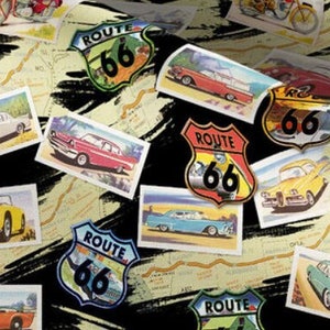 Vintage Cars & Route 66 Fabric - Road Signs - Car Photos - USA - Road Trip Vacation - Retro Design Style - 100% Lightweight Cotton