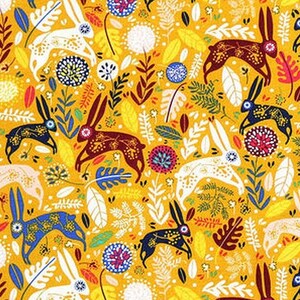 Tela de conejos artísticos - Vibrante - Estilo escandinavo - Hojas - Flores - Arte popular - 100% Algodón FLANNEL - Un medio patio