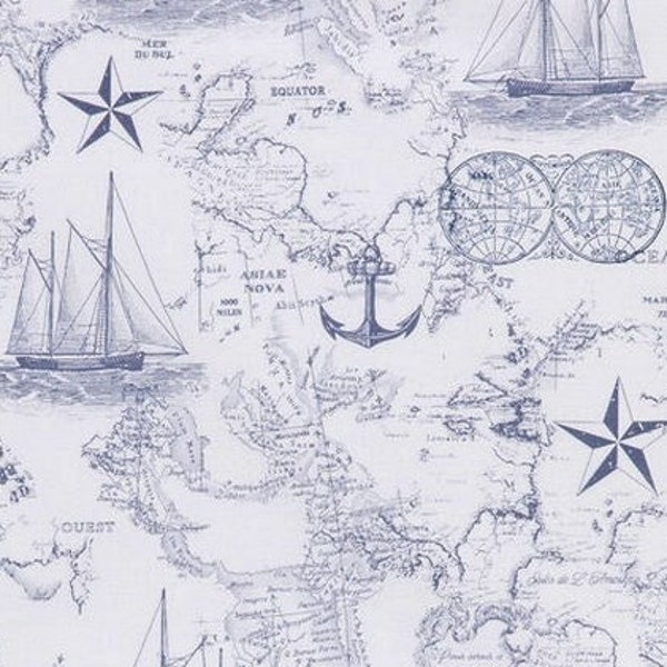 Nautical Map & Sailing Fabric - Coastal - Anchors - Globes - Sailboats - World Map - 100% Lightweight Cotton