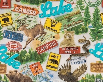Camping at the Lake Fabric - Wilderness - Forest - Nature - Hiking - Bears - Campers - Tents - Road Trip - 100% Lightweight Cotton