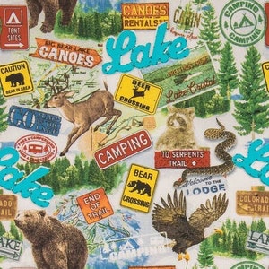 Camping at the Lake Fabric - Wilderness - Forest - Nature - Hiking - Bears - Campers - Tents - Road Trip - 100% Lightweight Cotton