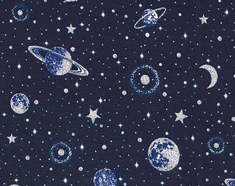 Silver Planets & Stars Fabric - Celestial - Moon - Sun - Galaxy - Solar System Fabric - Embedded Glitter - 100% Lightweight Cotton PRE CUT