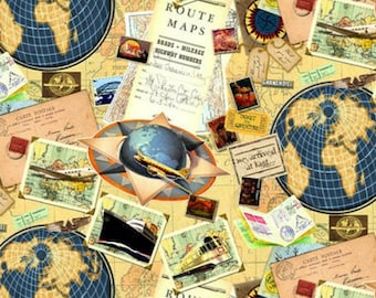 Bon Voyage Travel Fabric: Vintage Globes, Maps, Postcards - Kate Thacker Lightweight Cotton PRE CUT