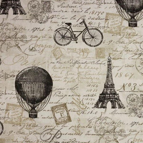 Vintage-style Paris Fabric - by Richloom - Eiffel Tower - French - Bicycles - Hot Air Balloon - France Fabric - 100% Cotton Duck Cloth