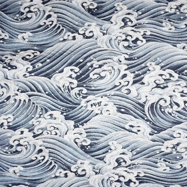 Artful Metallic Waves Fabric - Ocean Blue/Gray Color - Frothy Waves - Beach - Seashore - Coastal Fabric - 100% Lightweight Cotton