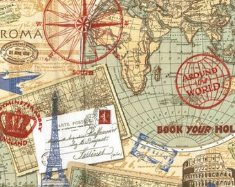 Around the World Fabric - World - Globes - Compass - Europe - Vintage Look - Map Fabric - 100% Lightweight Cotton