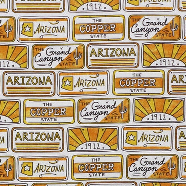 30 OFF! - Arizona License Plates Fabric - Grand Canyon - Phoenix - Copper State - USA - Road Trip Fabric - 100% Lightweight Cotton