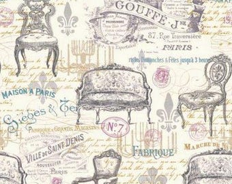 French Script & Decor Fabric: Paris, Furnishings, Antique-Look , France, 100% Lightweight Cotton