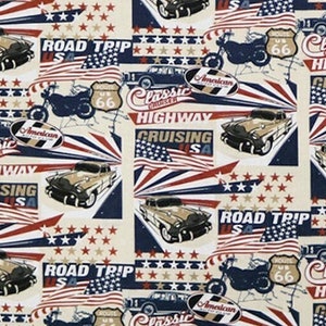 50 OFF! - Cars & Highway Fabric - USA Vacation - Retro Cars - Motorcycles - America Travel - Road Trip Fabric - 100% Cotton FLANNEL