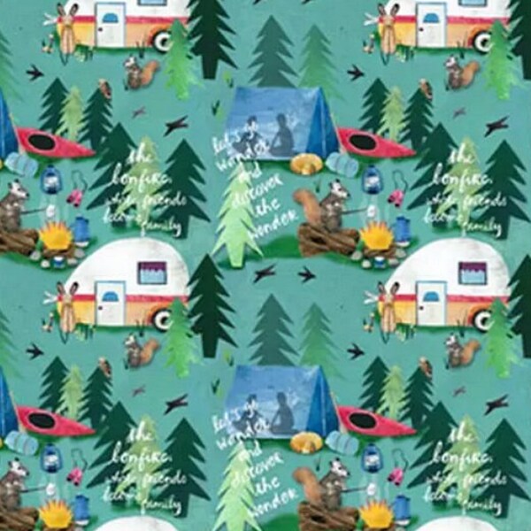 Camping Animals & Phrases Fabric - Tents - Canoes - Wildlife - Campfire - Vacation - Mini Campers - 100% Lightweight Cotton